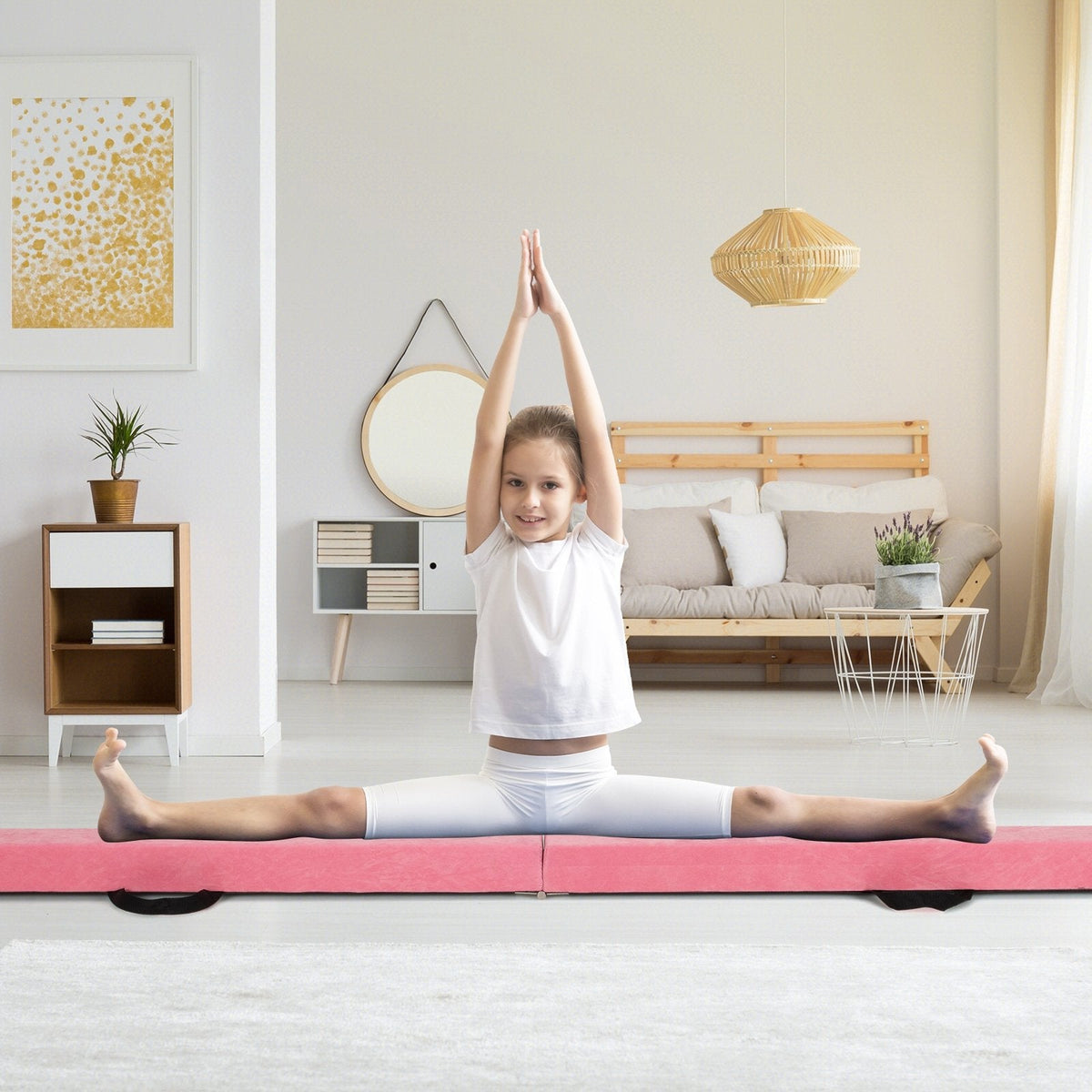 9 FT Folding Gymnastics Balance Beam with Anti-slip Base and Pine Wood Frame-Pink