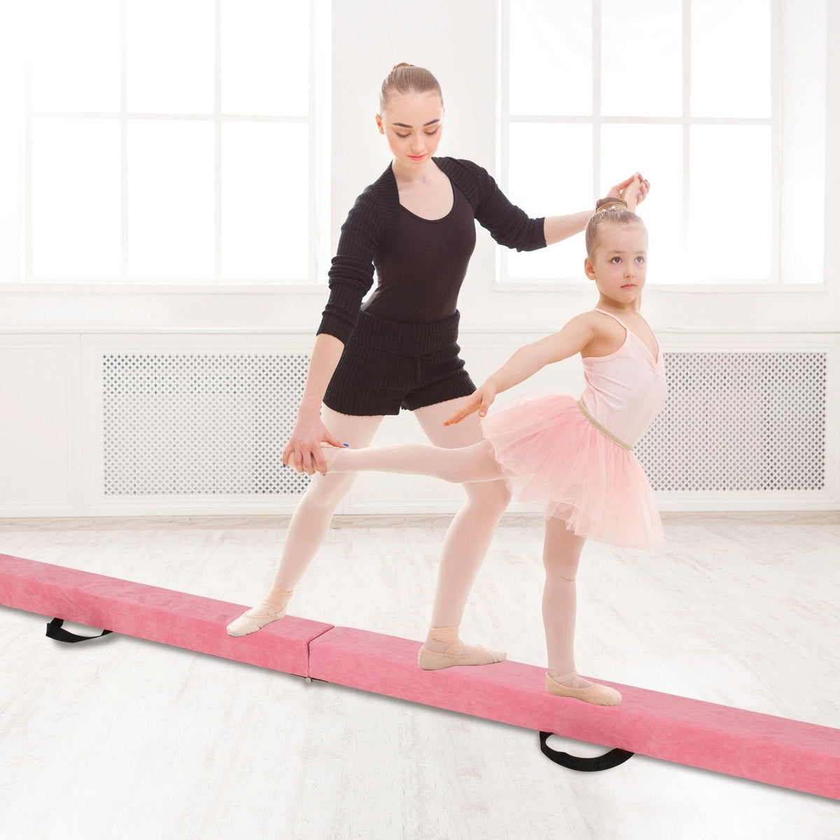 9 FT Folding Gymnastics Balance Beam with Anti-slip Base and Pine Wood Frame-Pink