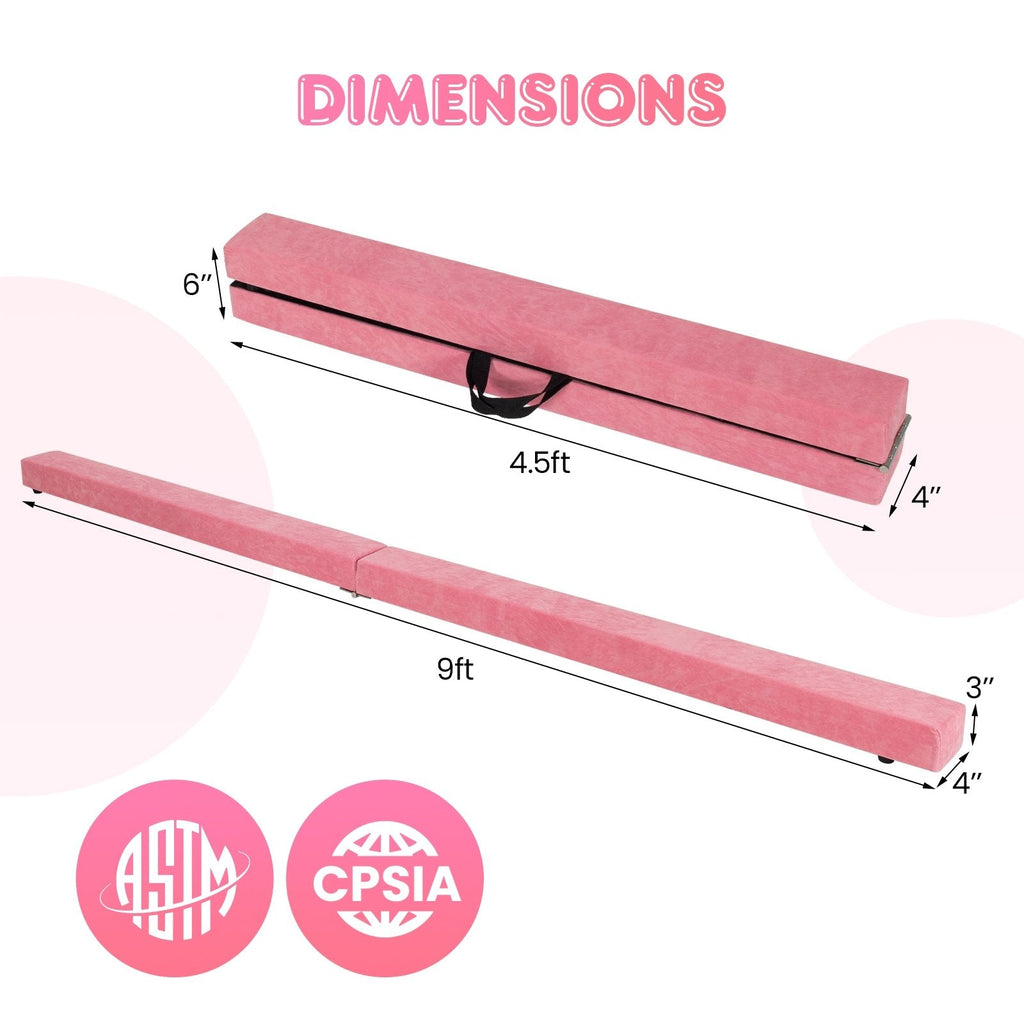 9 FT Folding Gymnastics Balance Beam with Anti-slip Base and Pine Wood Frame-Pink