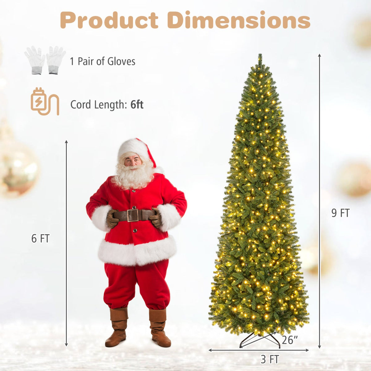 9 FT Pencil Alpine Christmas Tree, 3 FT Wide, 1345 Tips, 550 Dual Colour LEDs and 9 Modes