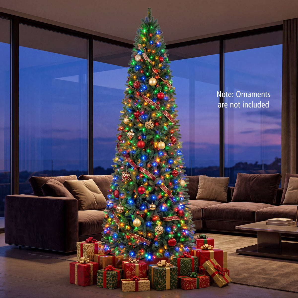 9 FT Pencil Alpine Christmas Tree, 3 FT Wide, 1345 Tips, 550 Dual Colour LEDs and 9 Modes