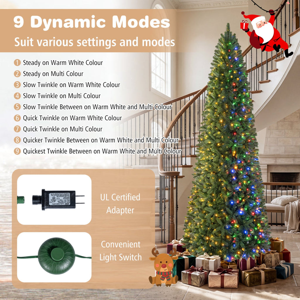 9 FT Pencil Alpine Christmas Tree, 3 FT Wide, 1345 Tips, 550 Dual Colour LEDs and 9 Modes