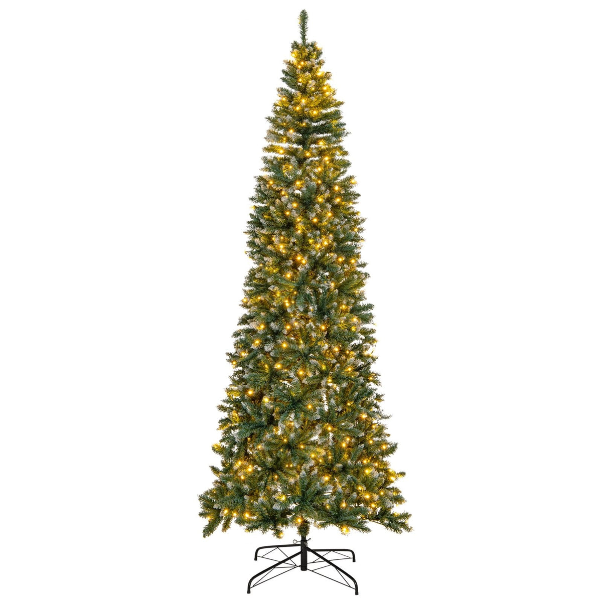9 FT Slim Pre-Lit Christmas Tree, 2.9 FT Wide, 1298 Snowy Blue Green Tips, 500 Warm White LEDs