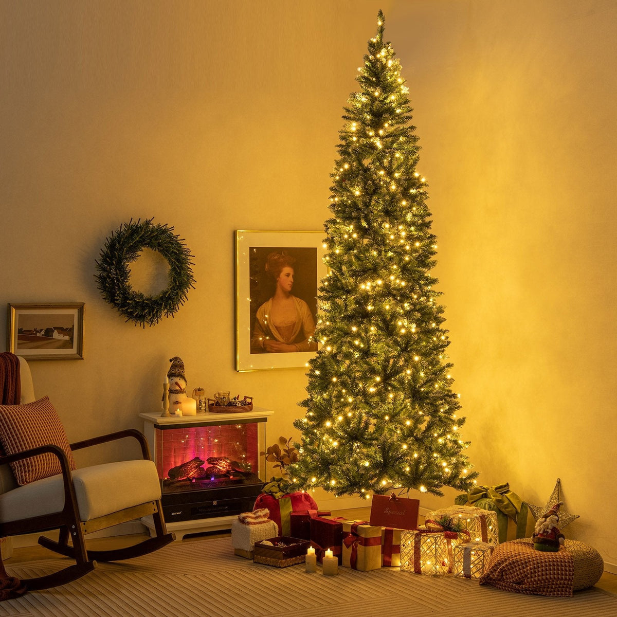 9 FT Slim Pre-Lit Christmas Tree, 2.9 FT Wide, 1298 Snowy Blue Green Tips, 500 Warm White LEDs
