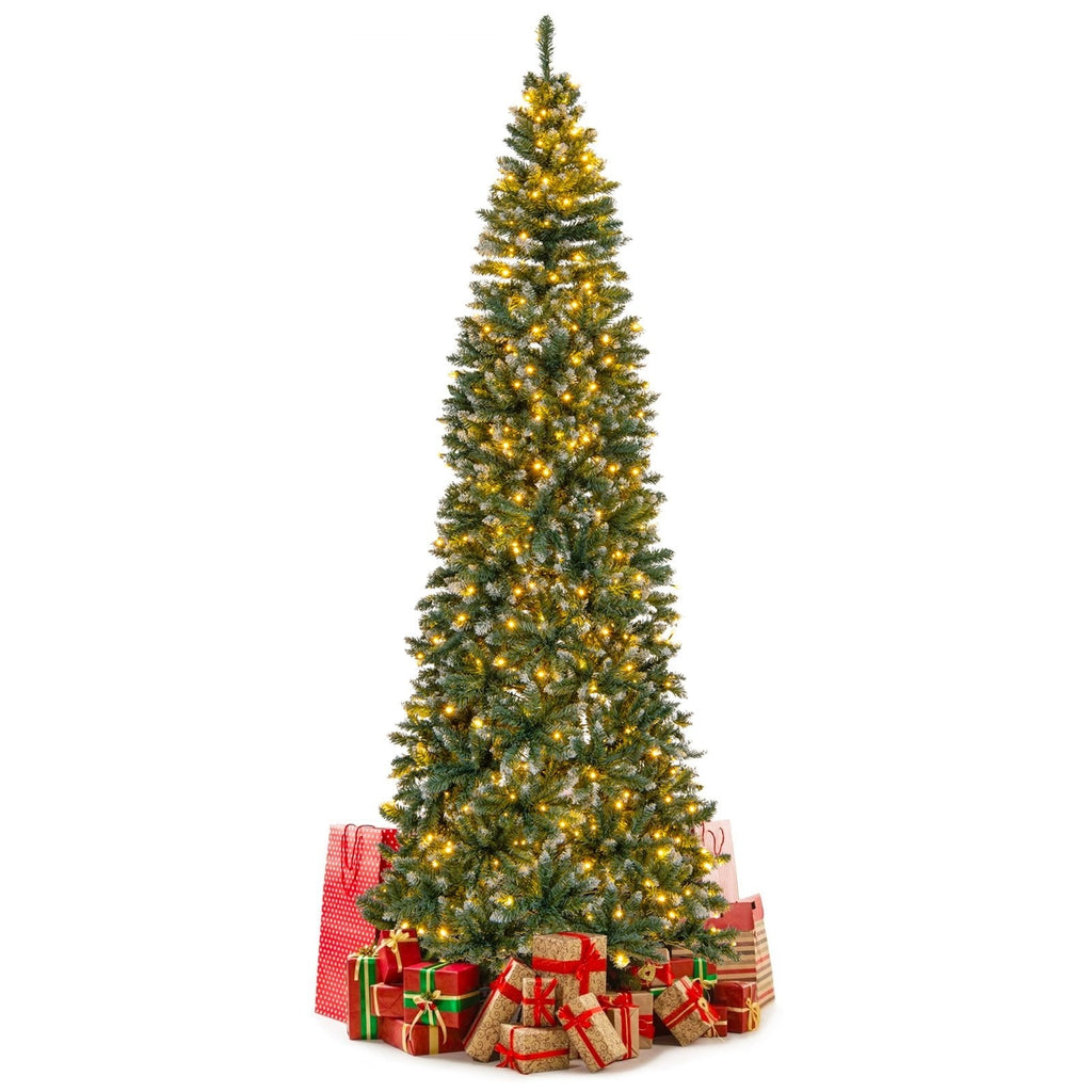 9 FT Slim Pre-Lit Christmas Tree, 2.9 FT Wide, 1298 Snowy Blue Green Tips, 500 Warm White LEDs