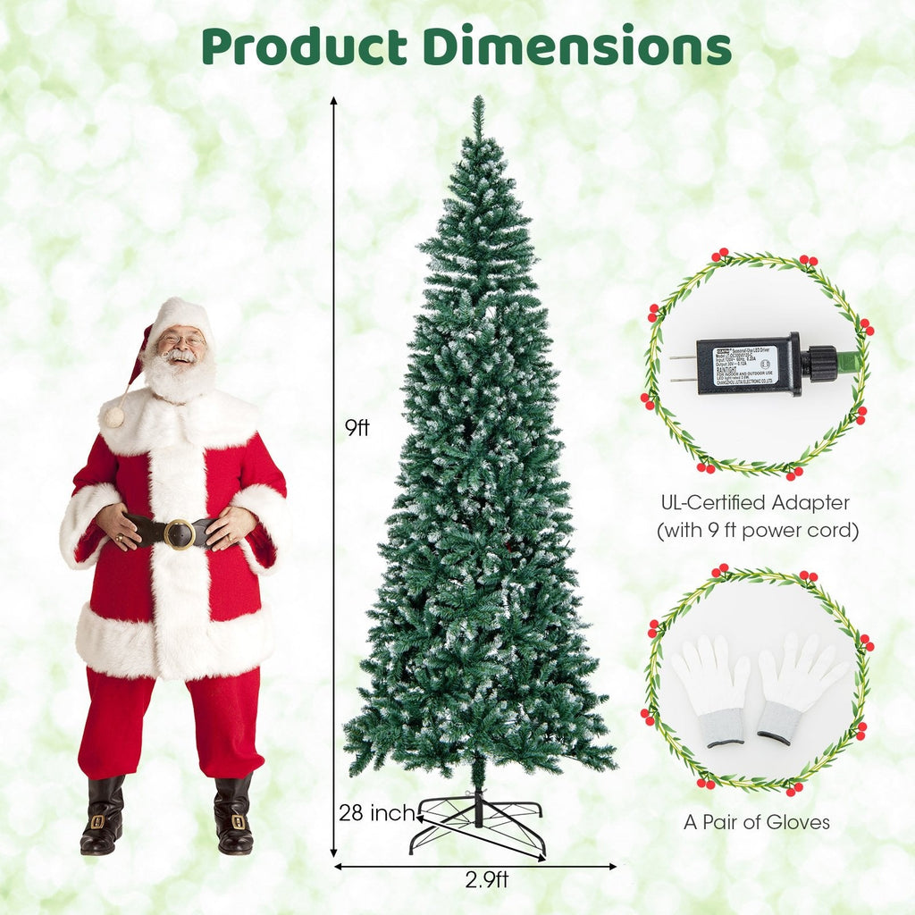 9 FT Slim Pre-Lit Christmas Tree, 2.9 FT Wide, 1298 Snowy Blue Green Tips, 500 Warm White LEDs