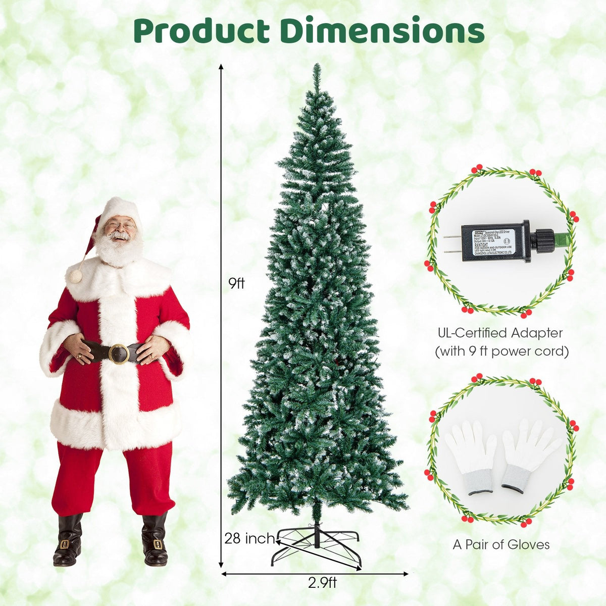 9 FT Slim Pre-Lit Christmas Tree, 2.9 FT Wide, 1298 Snowy Blue Green Tips, 500 Warm White LEDs