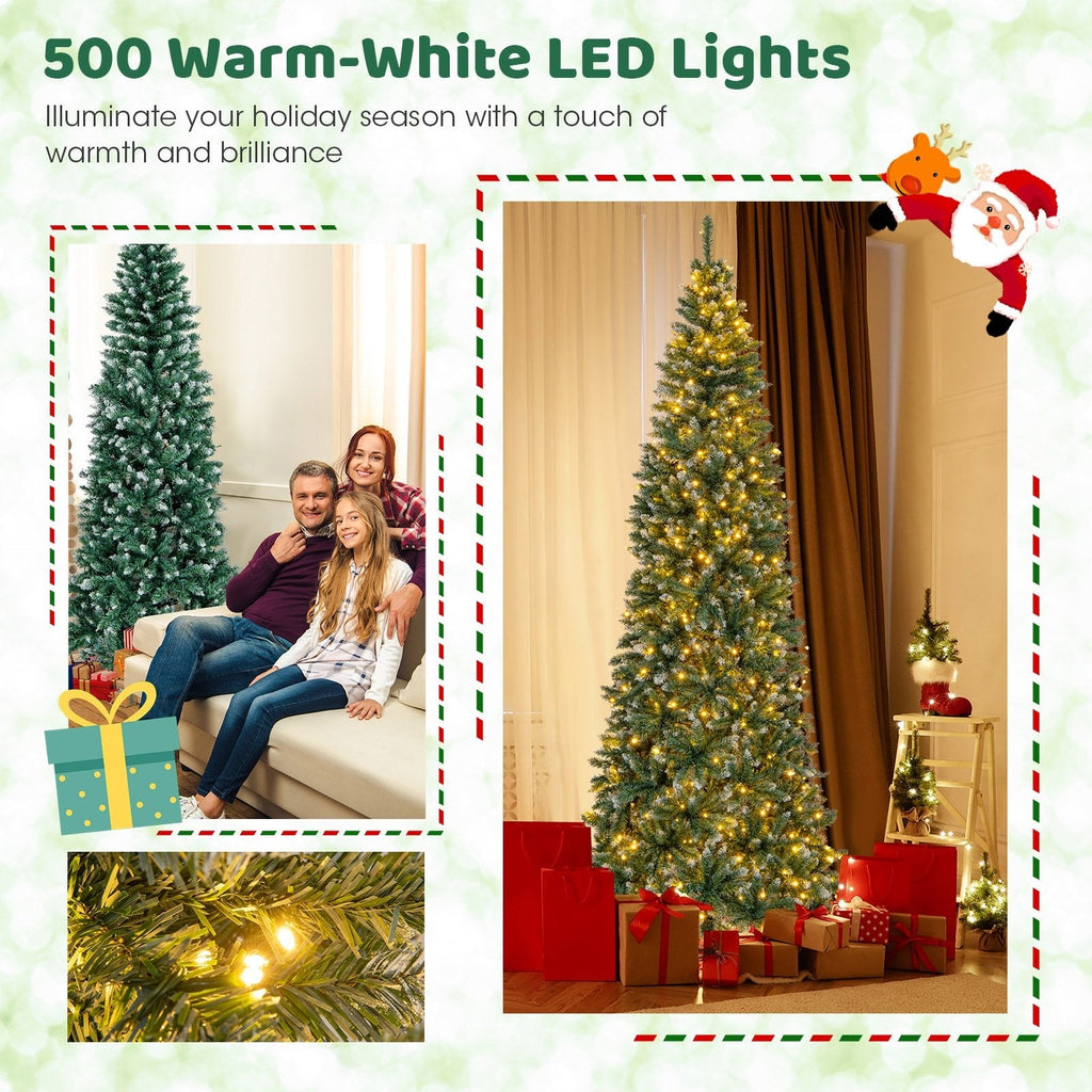 9 FT Slim Pre-Lit Christmas Tree, 2.9 FT Wide, 1298 Snowy Blue Green Tips, 500 Warm White LEDs