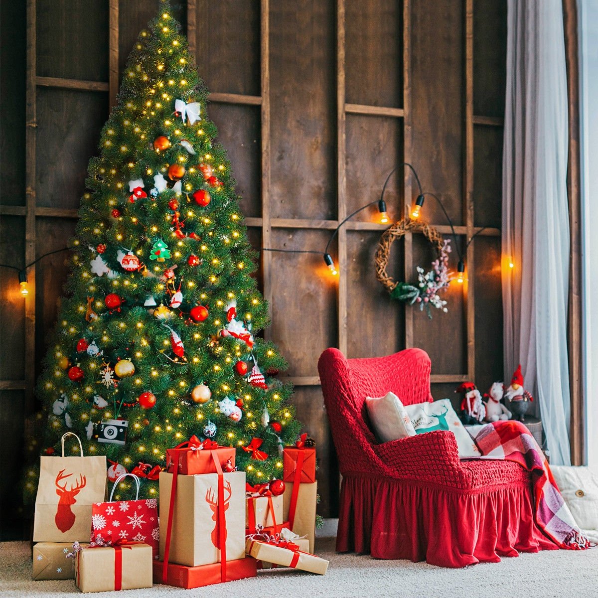 9 FT Pre-Lit Artificial Christmas Tree with 2028 PVC Tips and 700 Warm White LED Lights