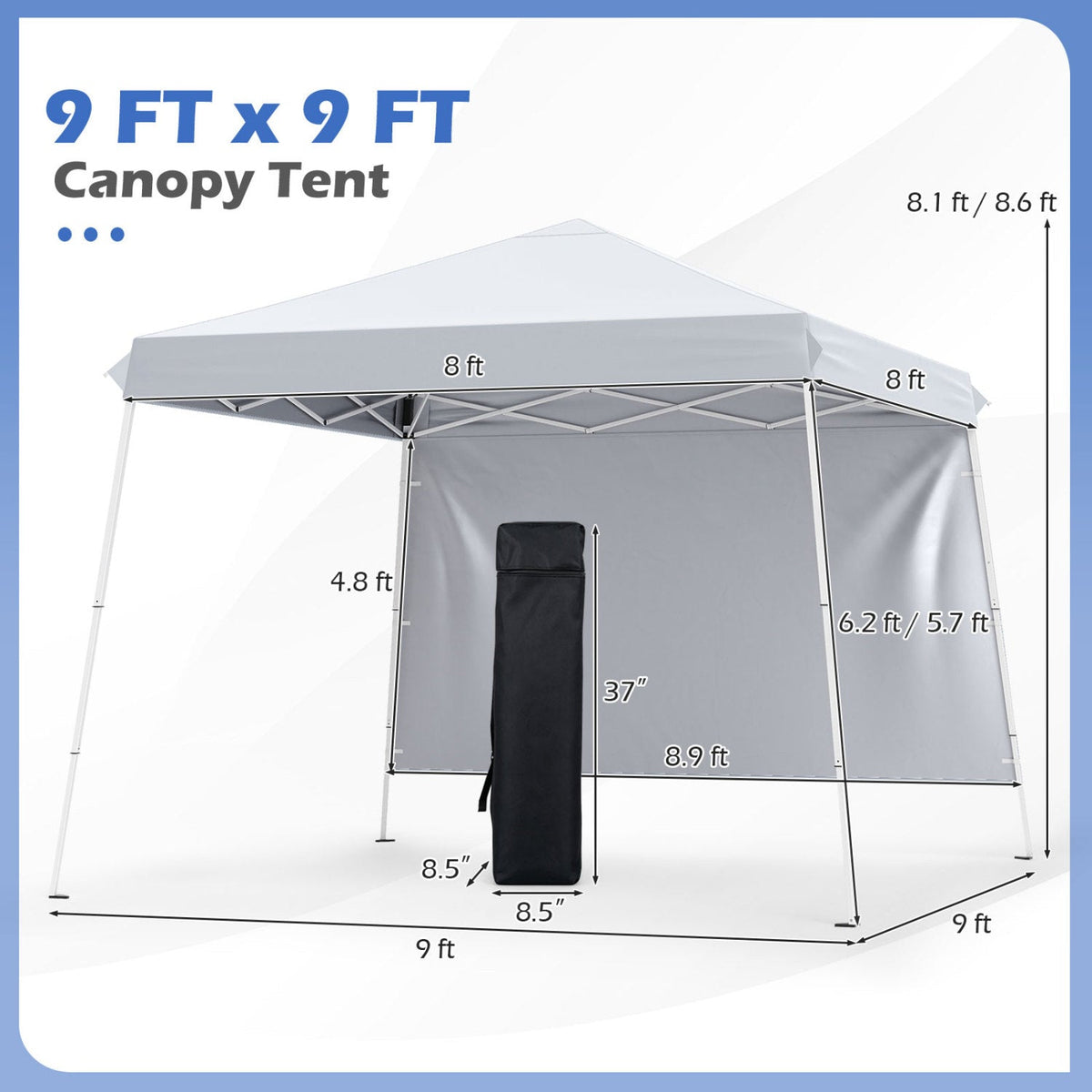 9 ft x 9 ft Pop Up Canopy Tent with 8 Ground Stakes 4 Wind Ropes and Carry Bag, for Outdoor Party-White
