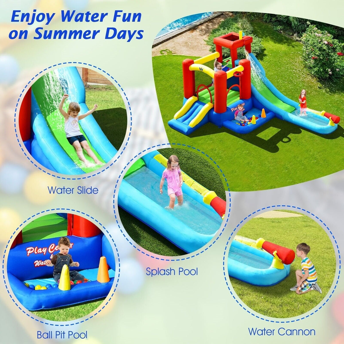 9-in-1 Inflatable Water Park with Ball Pit Pool, Ring Game and 860W Blower
