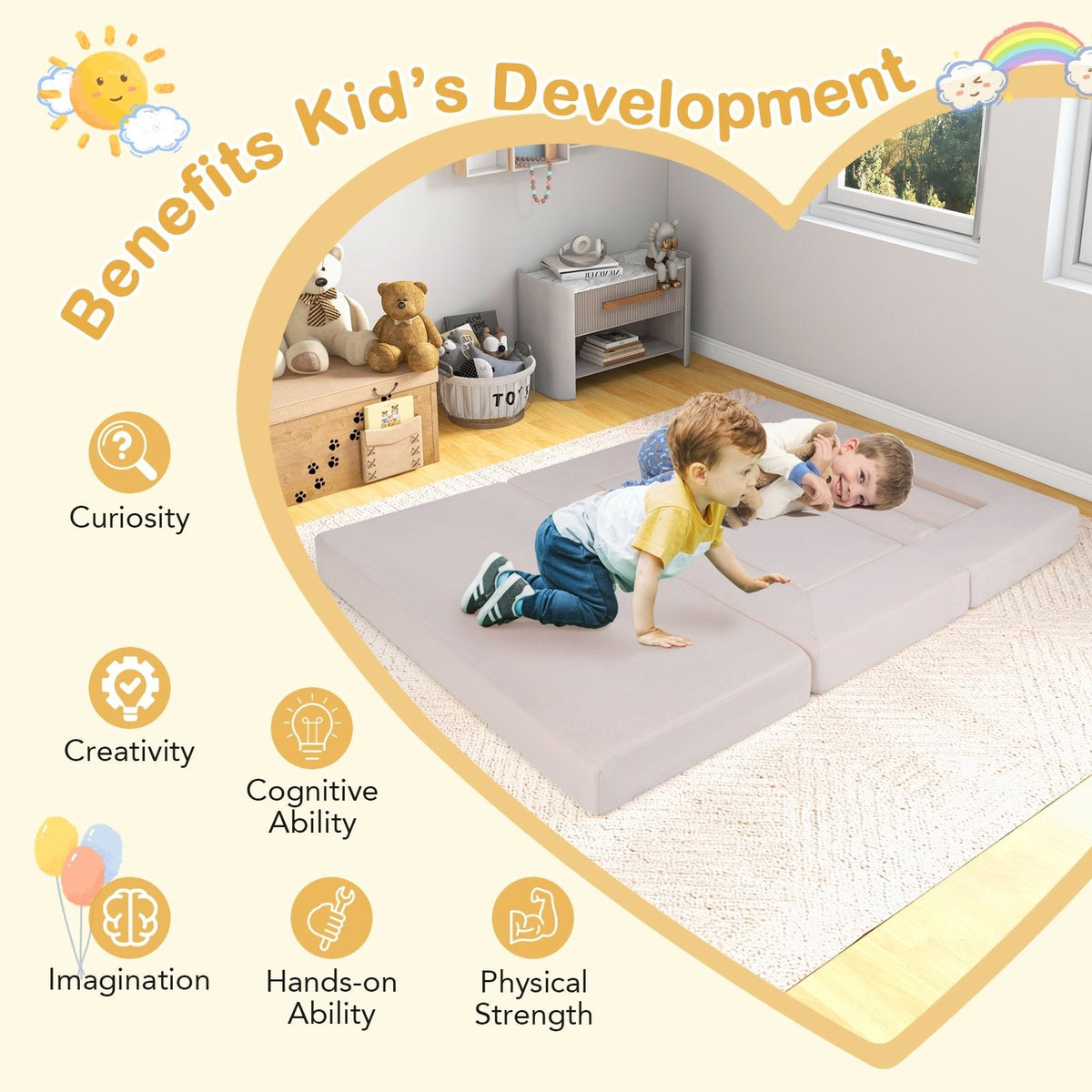 9-Piece Climb and Crawl Foam and Floor Playset with Breathable Suede Fabric-Beige