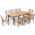 9 Piece Acacia Patio Dining Set for 8, 79 Inch Slatted Draining Table and Eight Wooden Armchairs