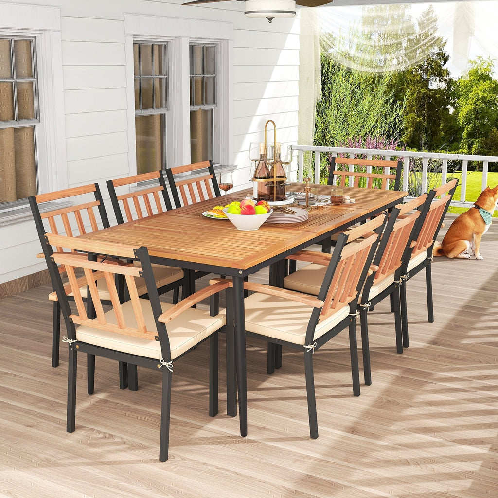 9 Piece Acacia Patio Dining Set for 8, 79 Inch Slatted Draining Table and Eight Wooden Armchairs