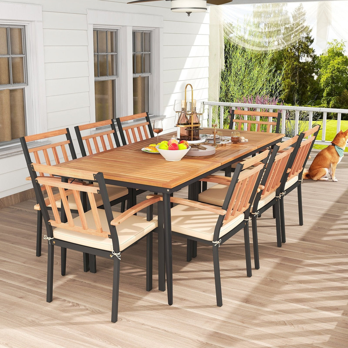 9 Piece Acacia Patio Dining Set for 8, 79 Inch Slatted Draining Table and Eight Wooden Armchairs