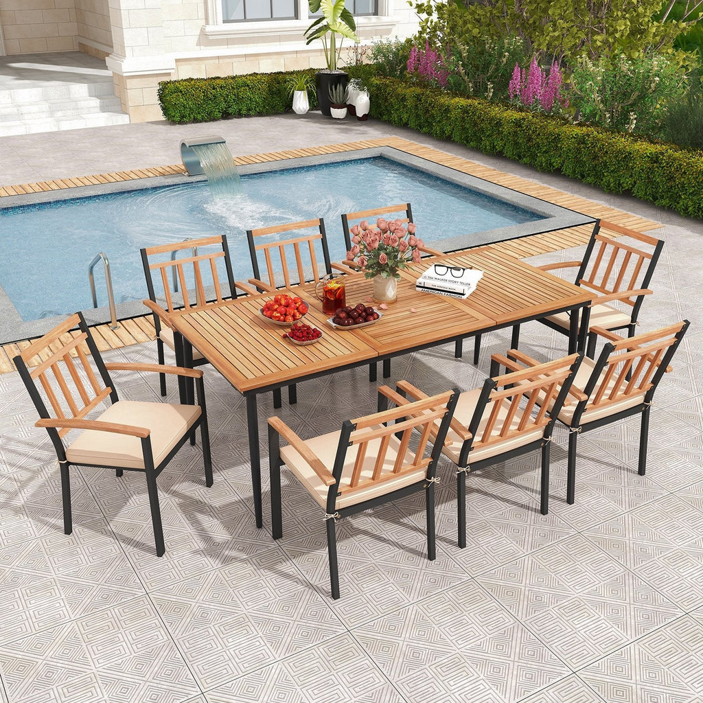 9 Piece Acacia Patio Dining Set for 8, 79 Inch Slatted Draining Table and Eight Wooden Armchairs