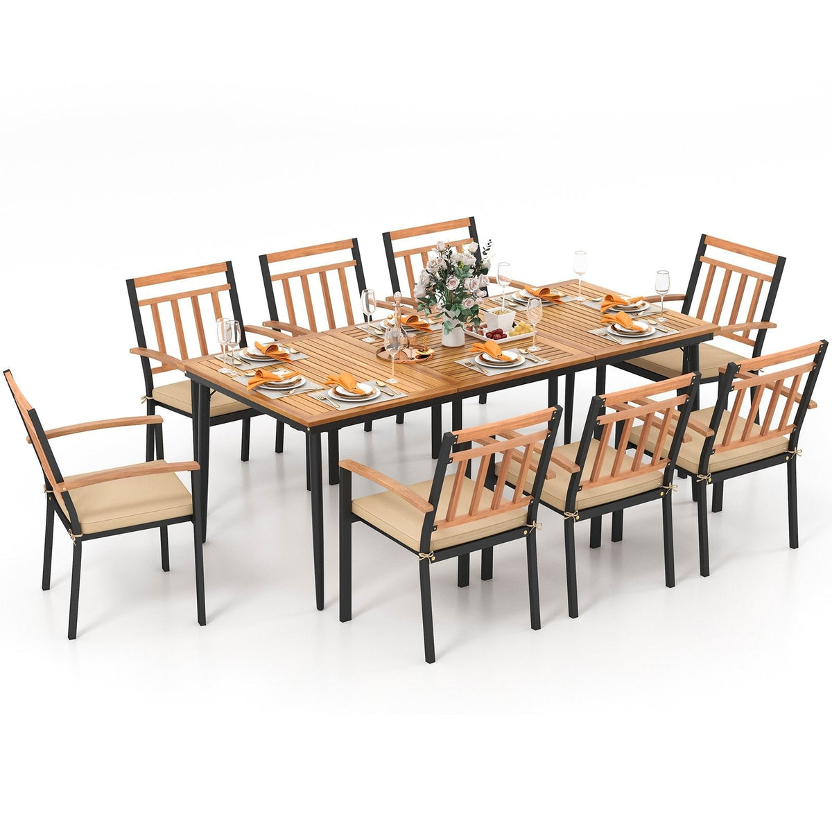 9 Piece Acacia Patio Dining Set for 8, 79 Inch Slatted Draining Table and Eight Wooden Armchairs