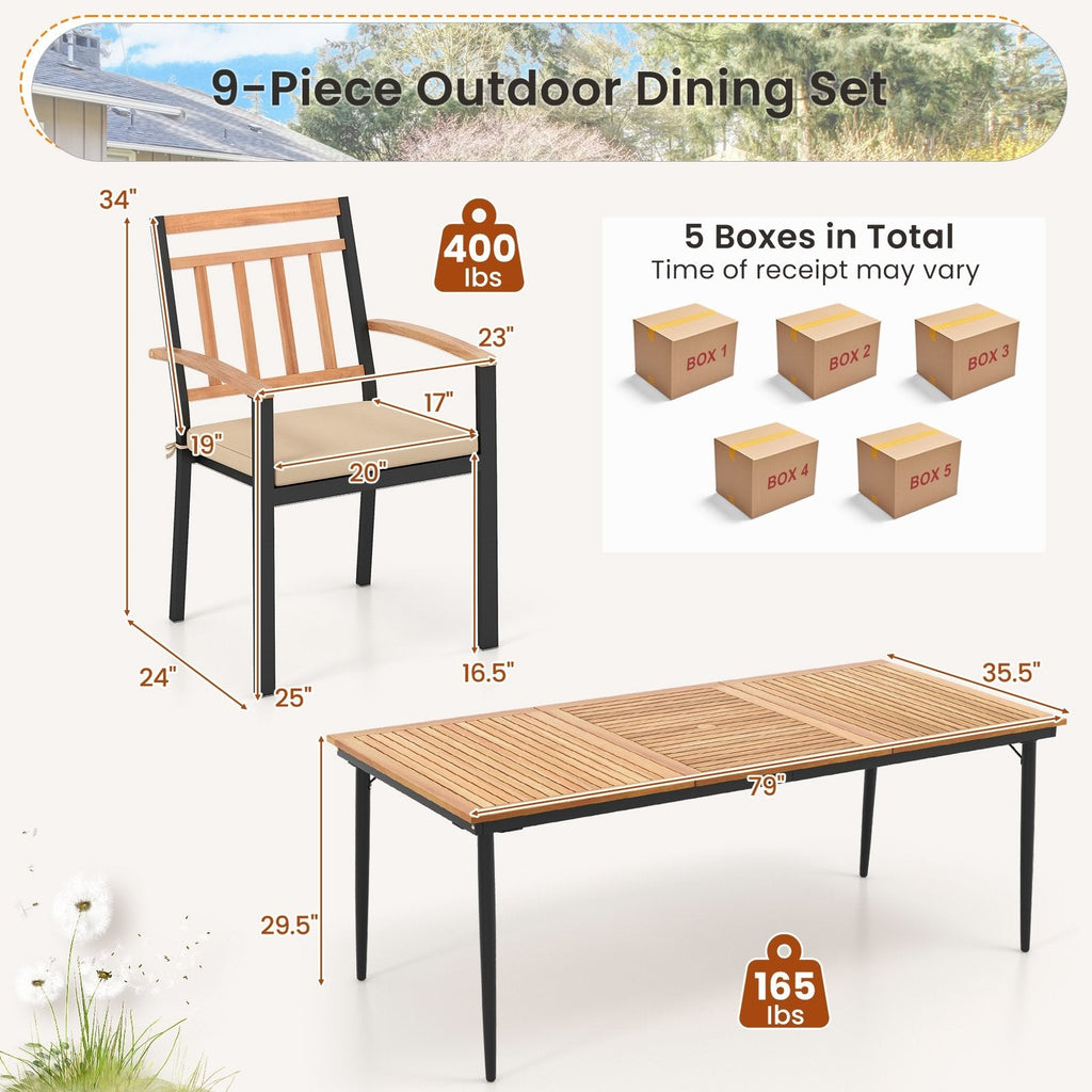 9 Piece Acacia Patio Dining Set for 8, 79 Inch Slatted Draining Table and Eight Wooden Armchairs