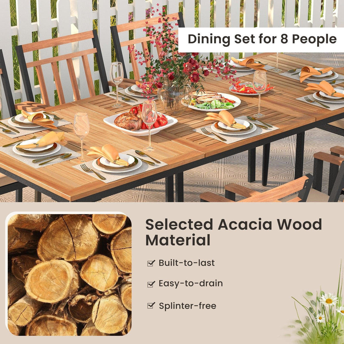 9 Piece Acacia Patio Dining Set for 8, 79 Inch Slatted Draining Table and Eight Wooden Armchairs
