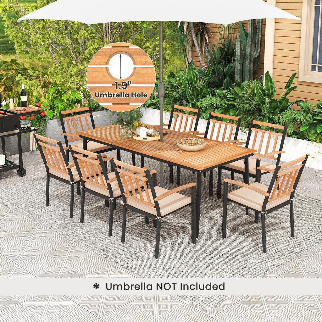 9 Piece Acacia Patio Dining Set for 8, 79 Inch Slatted Draining Table and Eight Wooden Armchairs