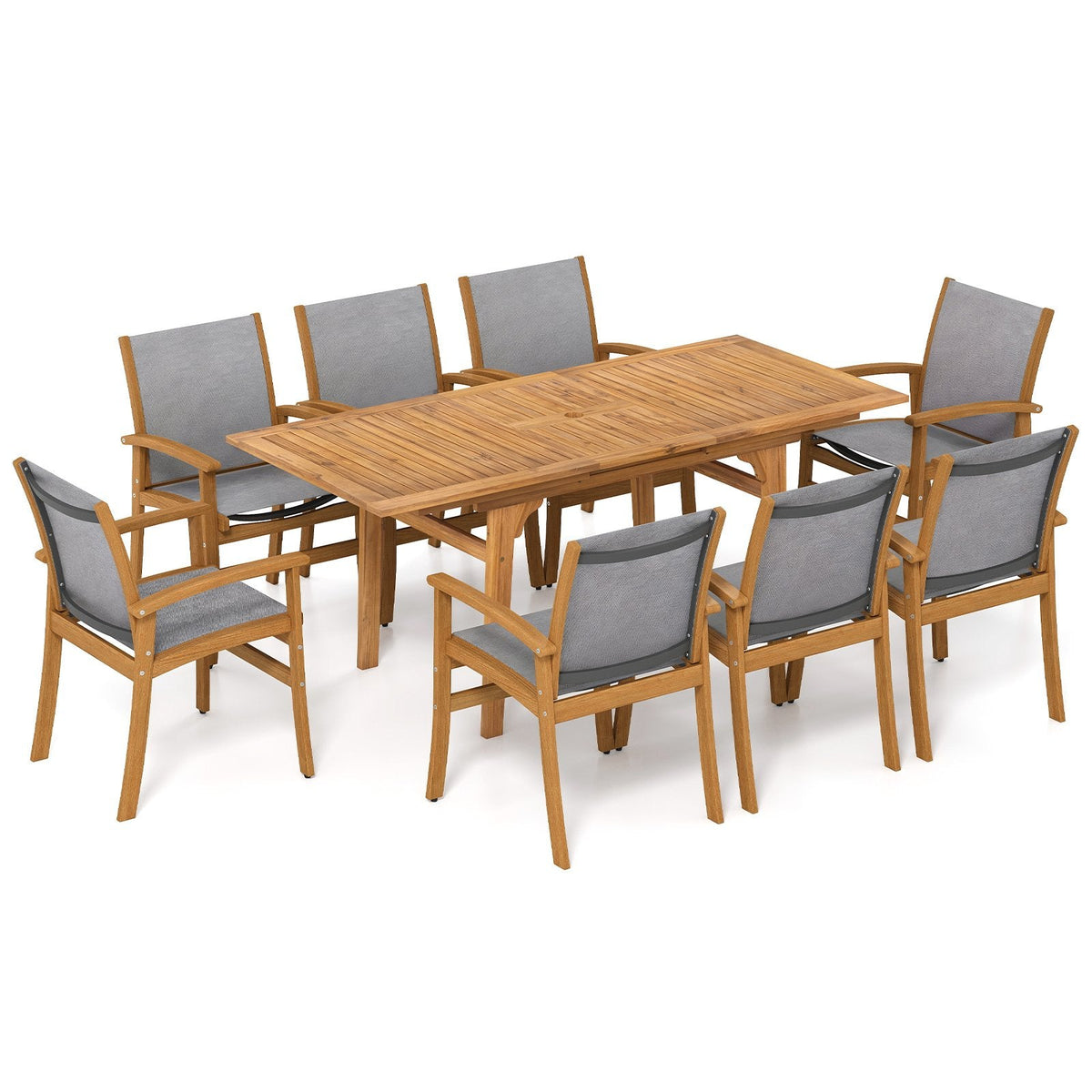 9 Piece Acacia Patio Dining Set, Extendable 55 to 71 Inch Table and Eight Sling Chairs for 6 to 8 People