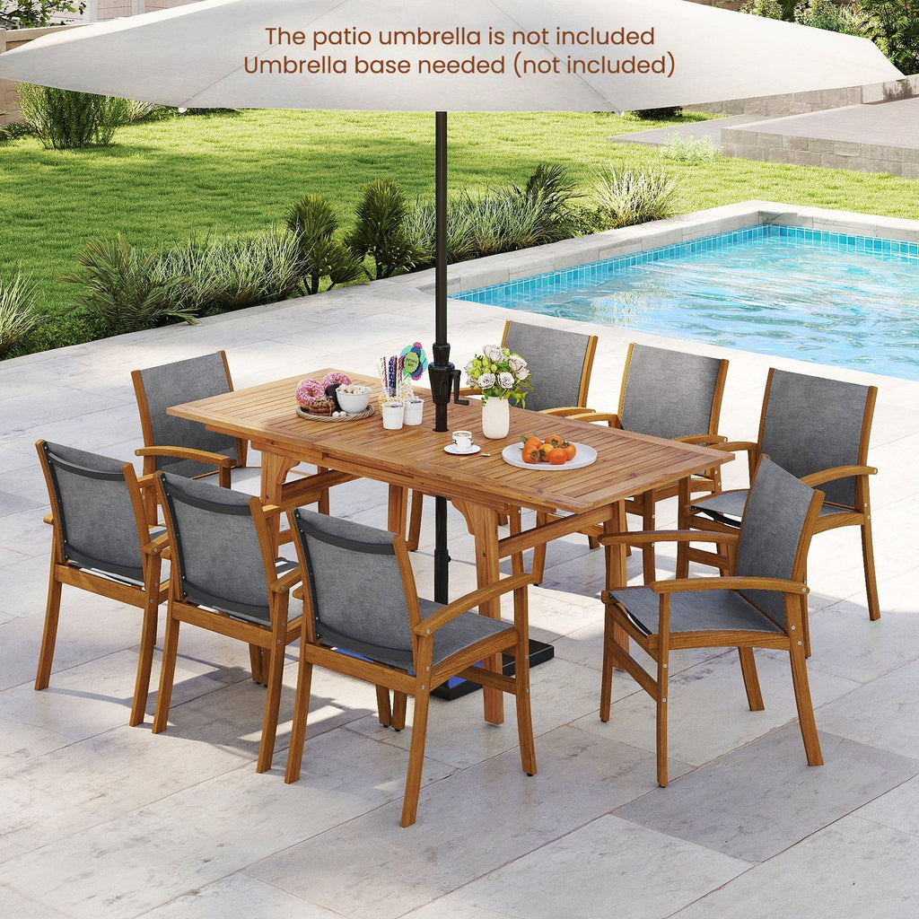 9 Piece Acacia Patio Dining Set, Extendable 55 to 71 Inch Table and Eight Sling Chairs for 6 to 8 People