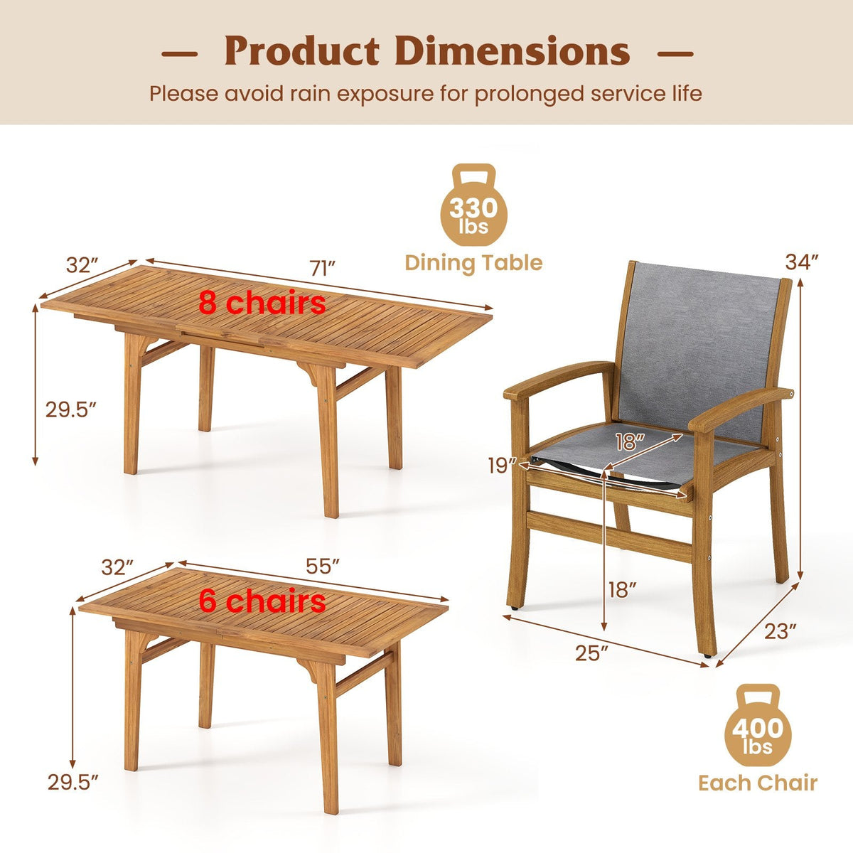 9 Piece Acacia Patio Dining Set, Extendable 55 to 71 Inch Table and Eight Sling Chairs for 6 to 8 People
