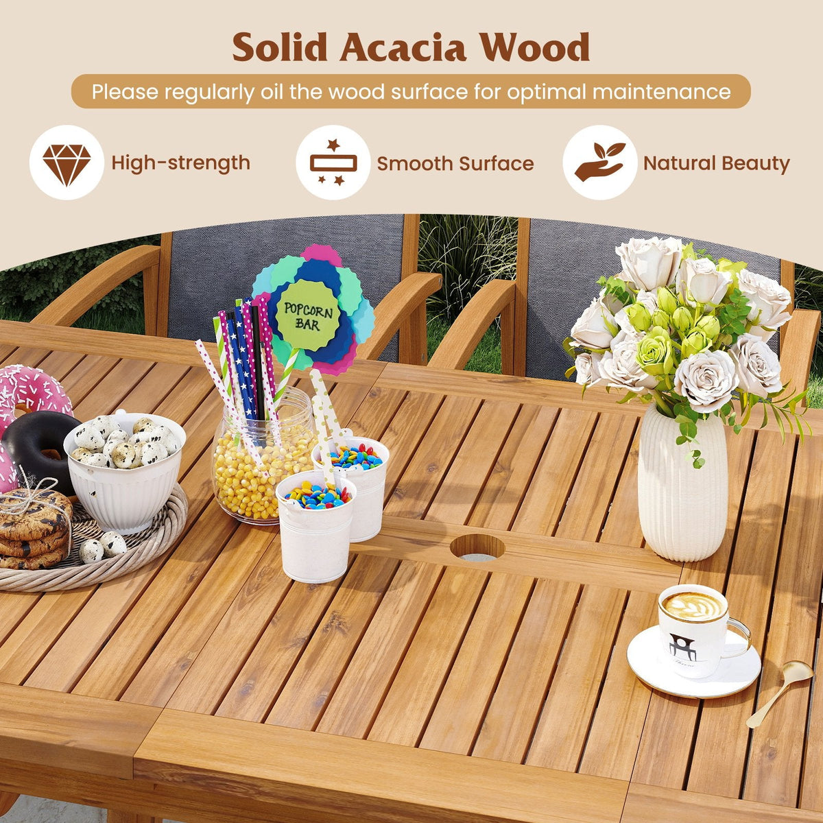 9 Piece Acacia Patio Dining Set, Extendable 55 to 71 Inch Table and Eight Sling Chairs for 6 to 8 People