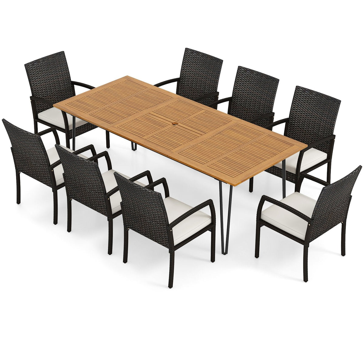 9 Piece Wicker Patio Dining Set for 8, 86.5 Inch Acacia Table on Slim Metal Legs and Eight Armchairs