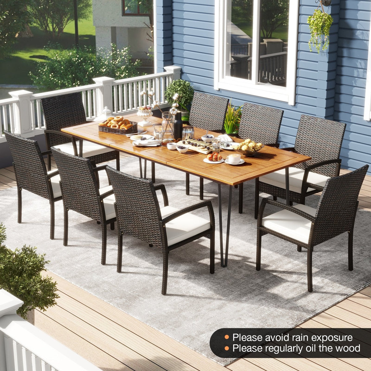 9 Piece Wicker Patio Dining Set for 8, 86.5 Inch Acacia Table on Slim Metal Legs and Eight Armchairs