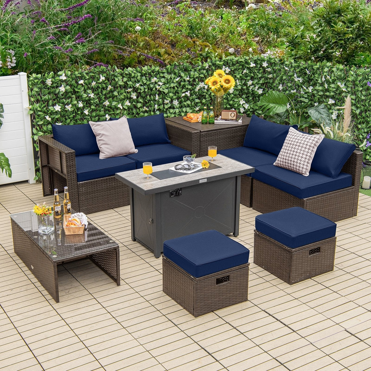 9 Piece Rattan Patio Set with 42 Inch Propane Fire Pit Table, Ceramic Tile Top and Storage, Navy