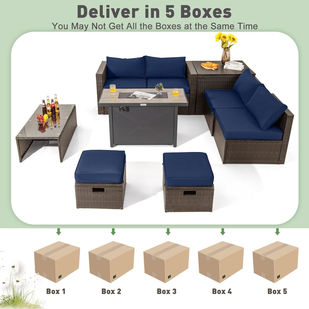 9 Piece Rattan Patio Set with 42 Inch Propane Fire Pit Table, Ceramic Tile Top and Storage, Navy
