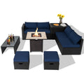 9 Piece PE Rattan Sectional with Gas Fire Pit Table, Lava Rocks, Storage Box and 2 Ottomans, Navy