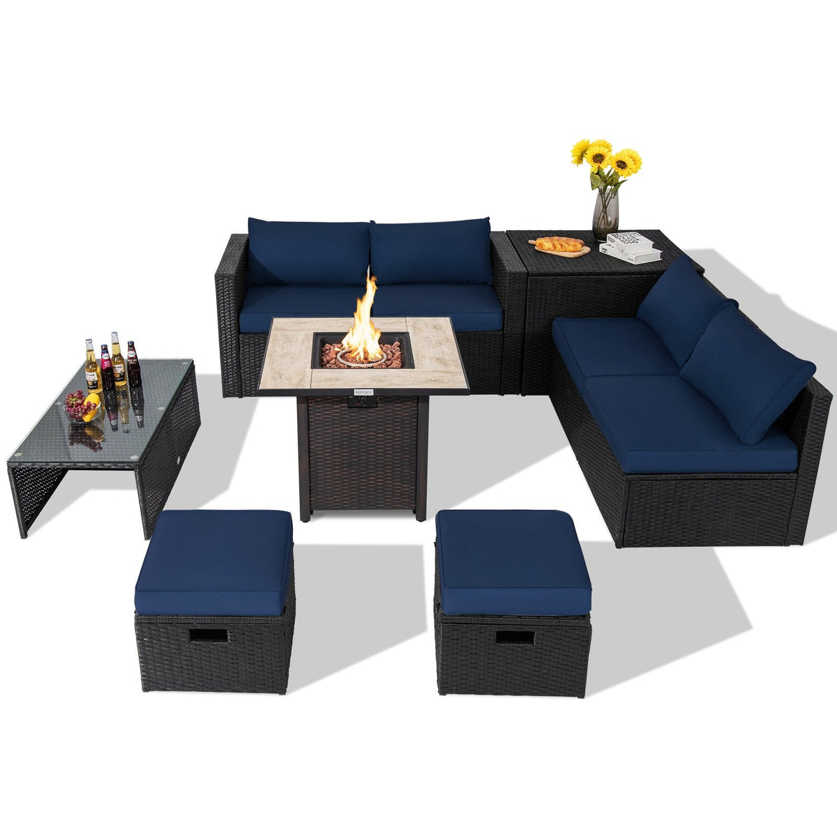9 Piece PE Rattan Sectional with Gas Fire Pit Table, Lava Rocks, Storage Box and 2 Ottomans, Navy