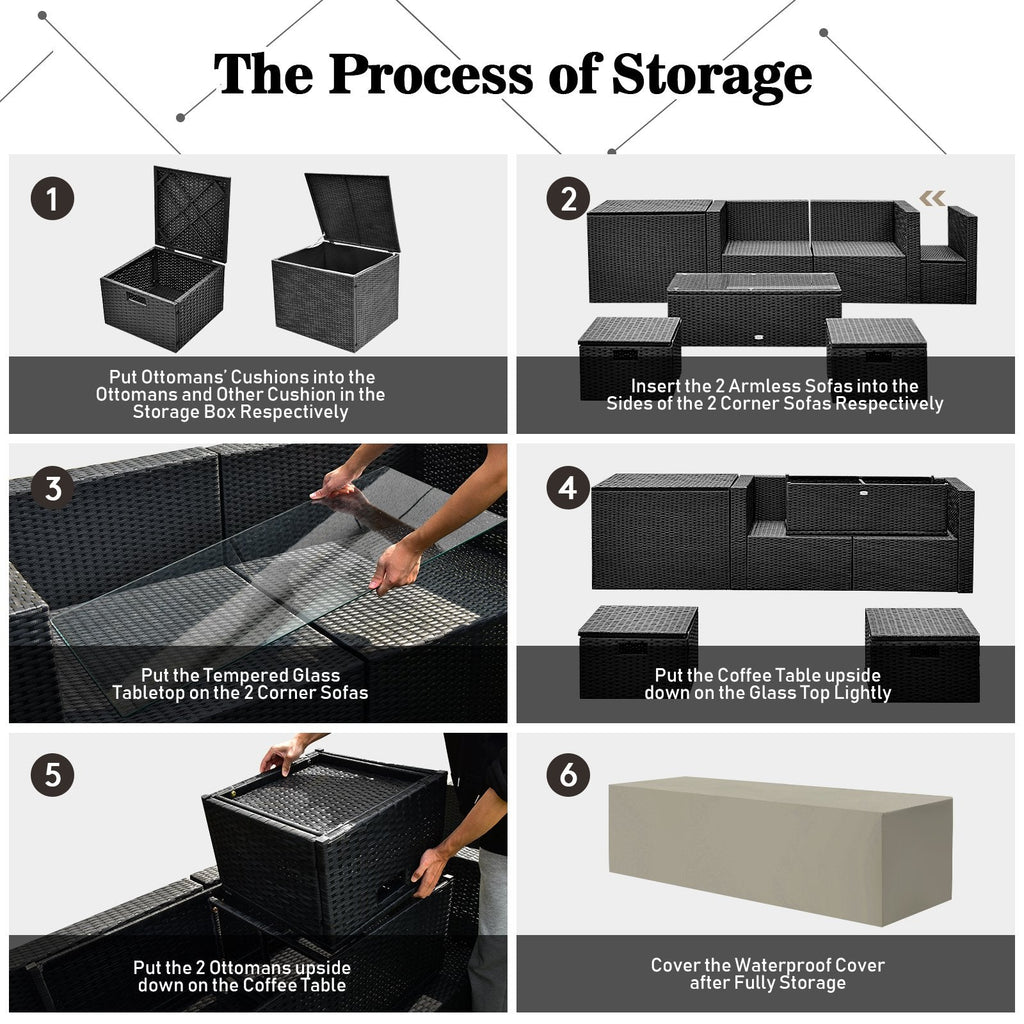 9 Piece PE Rattan Sectional with Gas Fire Pit Table, Lava Rocks, Storage Box and 2 Ottomans, Navy