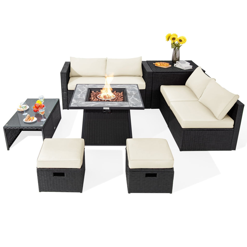 9 Piece Wicker Patio Sectional with 35 Inch Gas Fire Table, Storage Box and 2 Ottomans, Off White