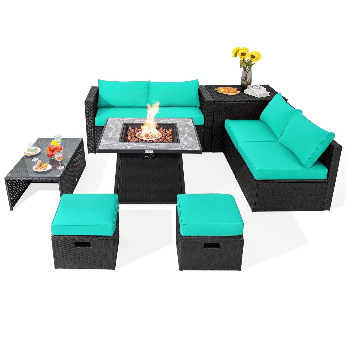 9 Piece Wicker Sectional with 35 Inch Gas Fire Table and Removable Lid, Six Seats and Storage, Turquoise
