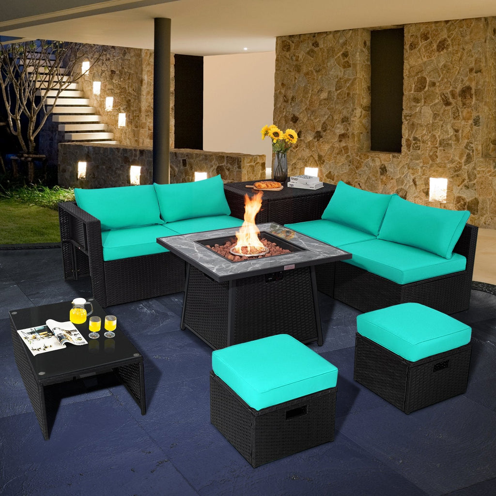 9 Piece Wicker Sectional with 35 Inch Gas Fire Table and Removable Lid, Six Seats and Storage, Turquoise