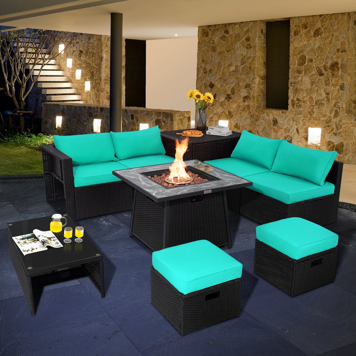 9 Piece Wicker Sectional with 35 Inch Gas Fire Table and Removable Lid, Six Seats and Storage, Turquoise