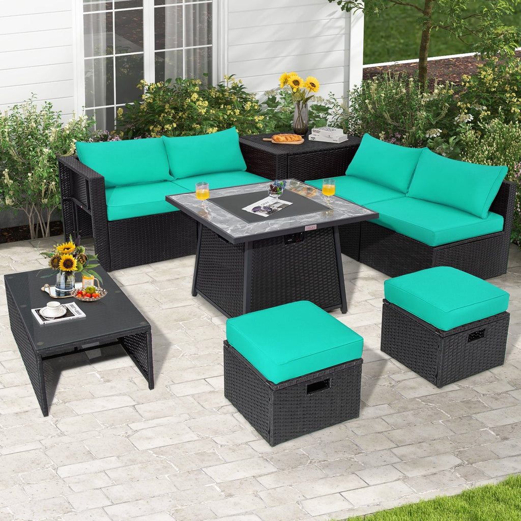 9 Piece Wicker Sectional with 35 Inch Gas Fire Table and Removable Lid, Six Seats and Storage, Turquoise