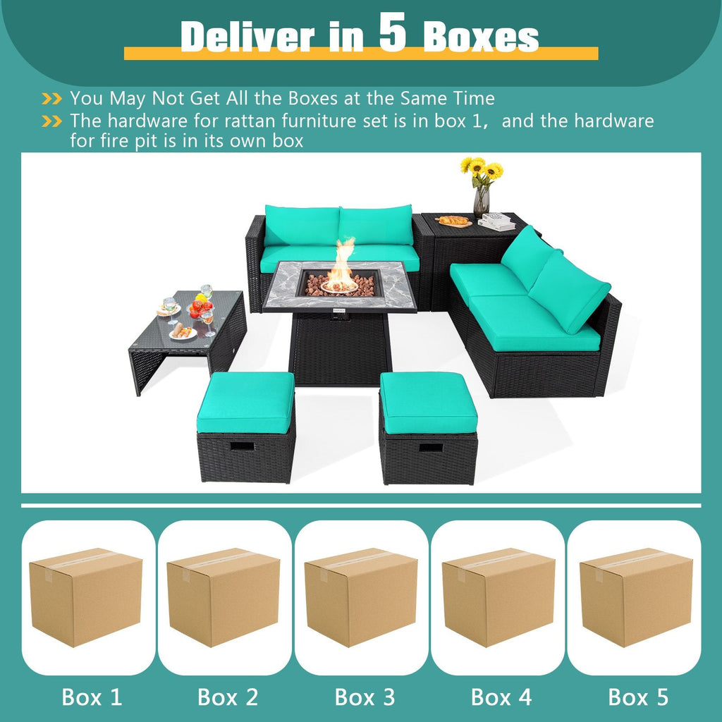 9 Piece Wicker Sectional with 35 Inch Gas Fire Table and Removable Lid, Six Seats and Storage, Turquoise