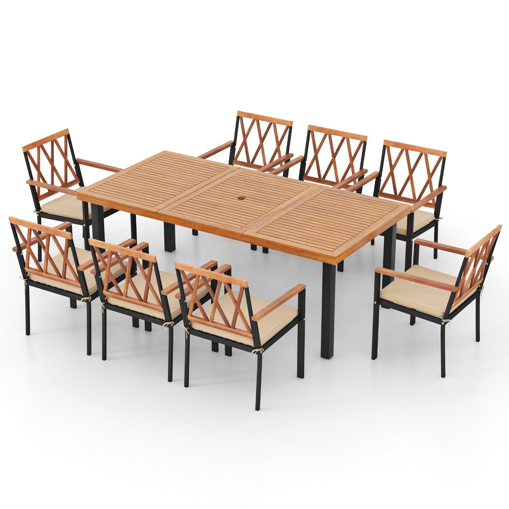 9 Piece Acacia Patio Dining Set for 8, 79 by 39.5 Inch Table and Eight 22.5 Inch Cross Back Armchairs