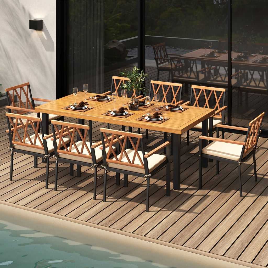 9 Piece Acacia Patio Dining Set for 8, 79 by 39.5 Inch Table and Eight 22.5 Inch Cross Back Armchairs