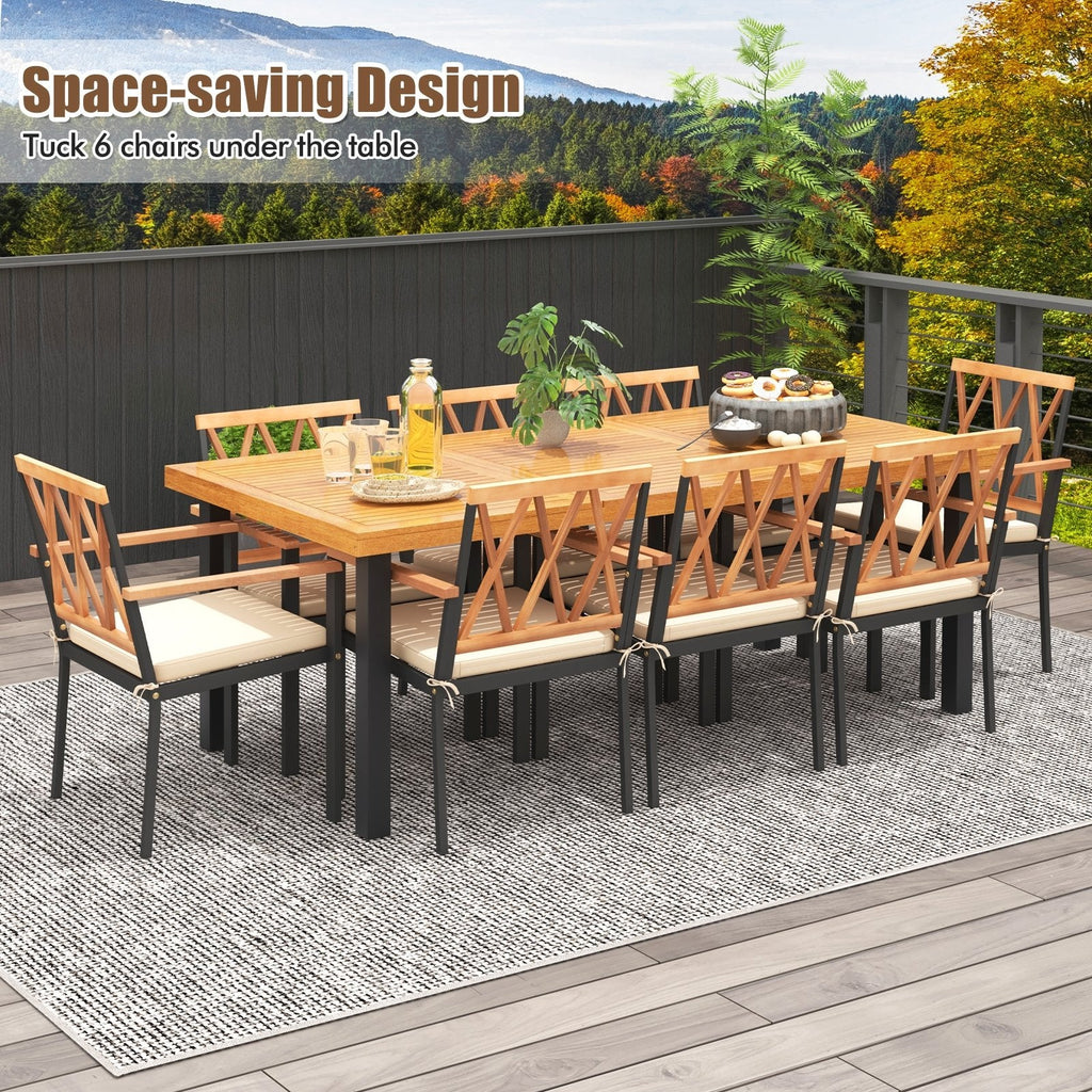 9 Piece Acacia Patio Dining Set for 8, 79 by 39.5 Inch Table and Eight 22.5 Inch Cross Back Armchairs