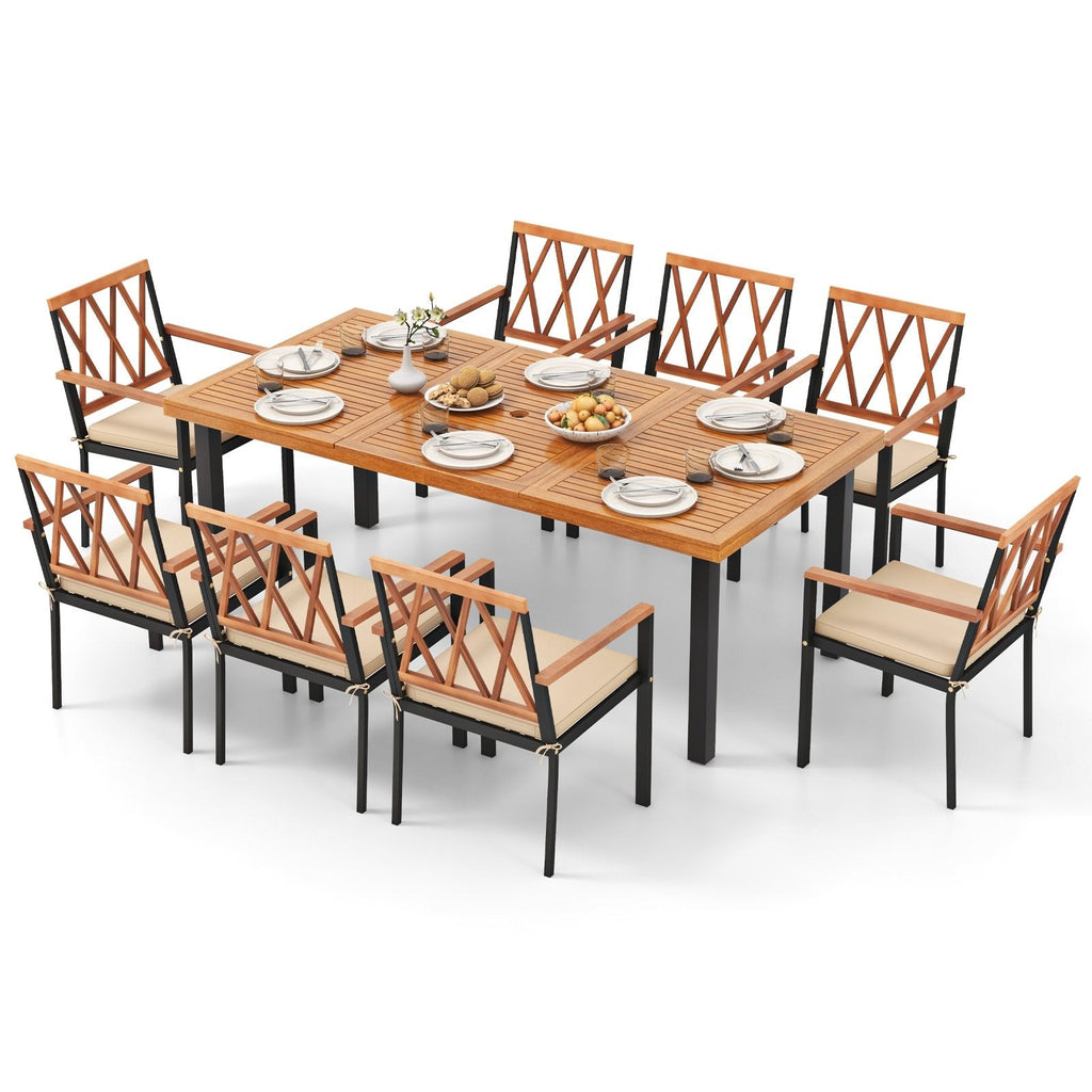 9 Piece Acacia Patio Dining Set for 8, 79 by 39.5 Inch Table and Eight 22.5 Inch Cross Back Armchairs