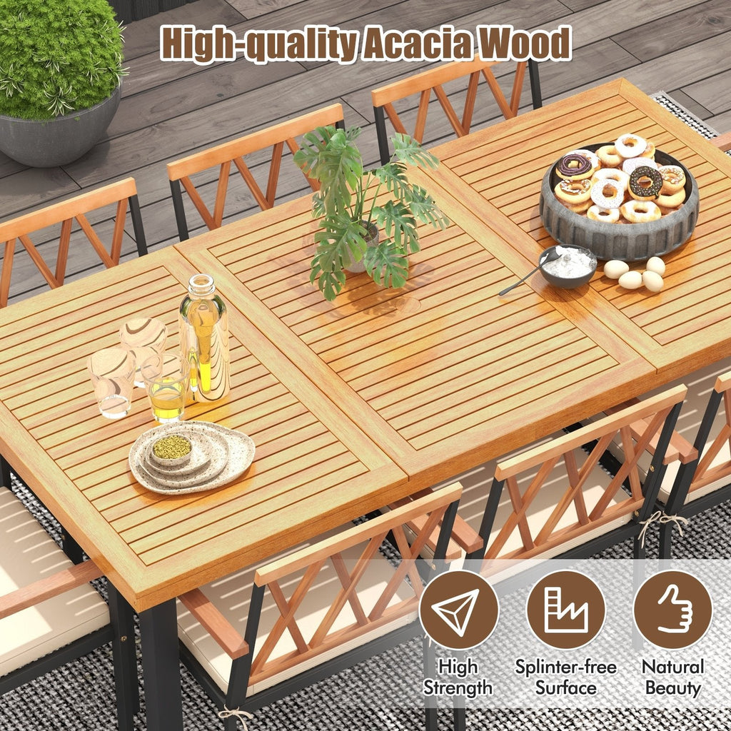 9 Piece Acacia Patio Dining Set for 8, 79 by 39.5 Inch Table and Eight 22.5 Inch Cross Back Armchairs