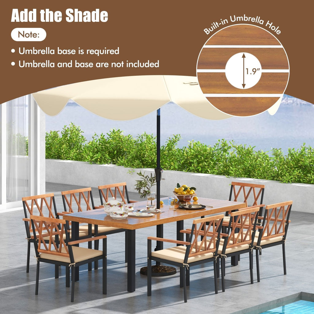 9 Piece Acacia Patio Dining Set for 8, 79 by 39.5 Inch Table and Eight 22.5 Inch Cross Back Armchairs