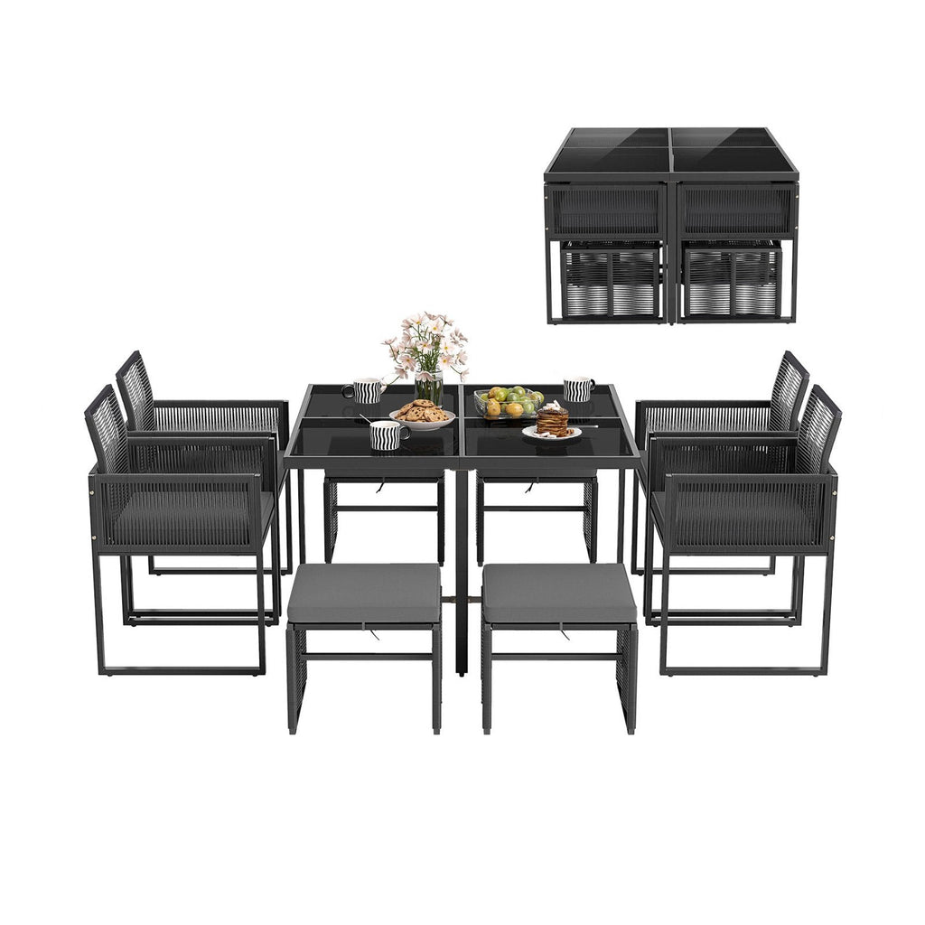 9 Piece Rattan Patio Dining Set with 4 Chairs, 4 Ottomans and Glass Top Table, Gray