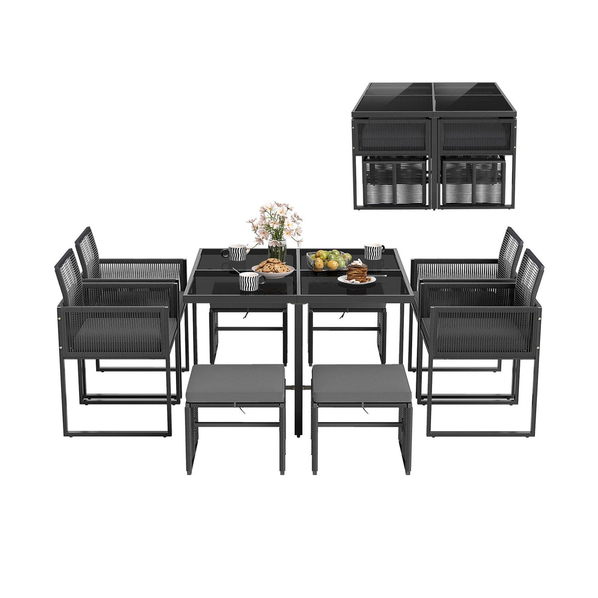 9 Piece Rattan Patio Dining Set with 4 Chairs, 4 Ottomans and Glass Top Table, Gray