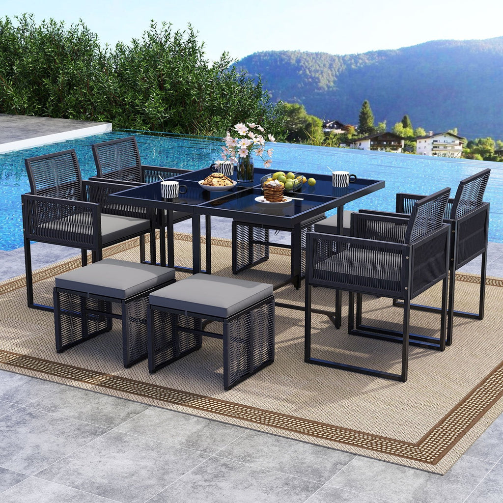 9 Piece Rattan Patio Dining Set with 4 Chairs, 4 Ottomans and Glass Top Table, Gray